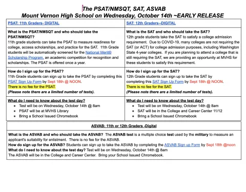 The PSAT/NMSQT, SAT, ASVAB  Mount Vernon High School on Wednesday, October 14th